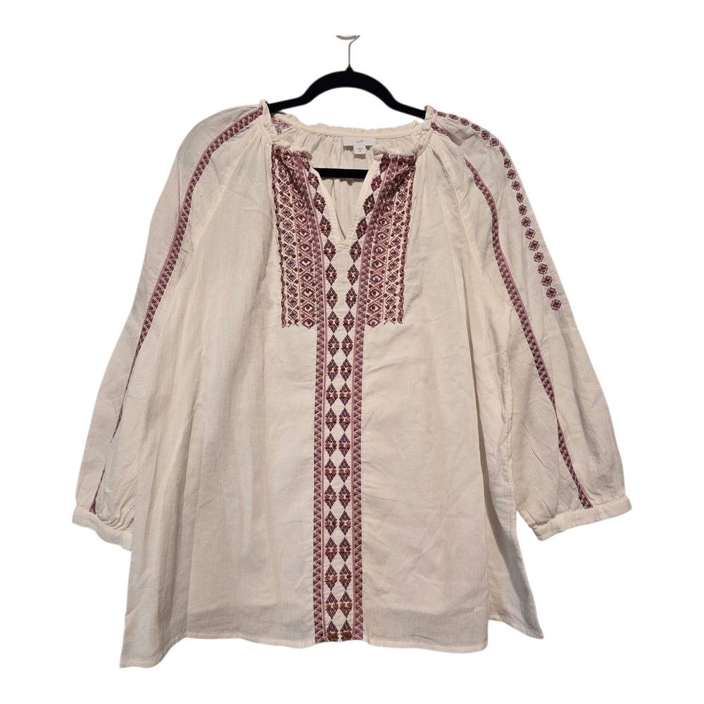 J Jill Embroidered Blouse Top Women's MED 100% Cotton Peasant Cottagecore Boho